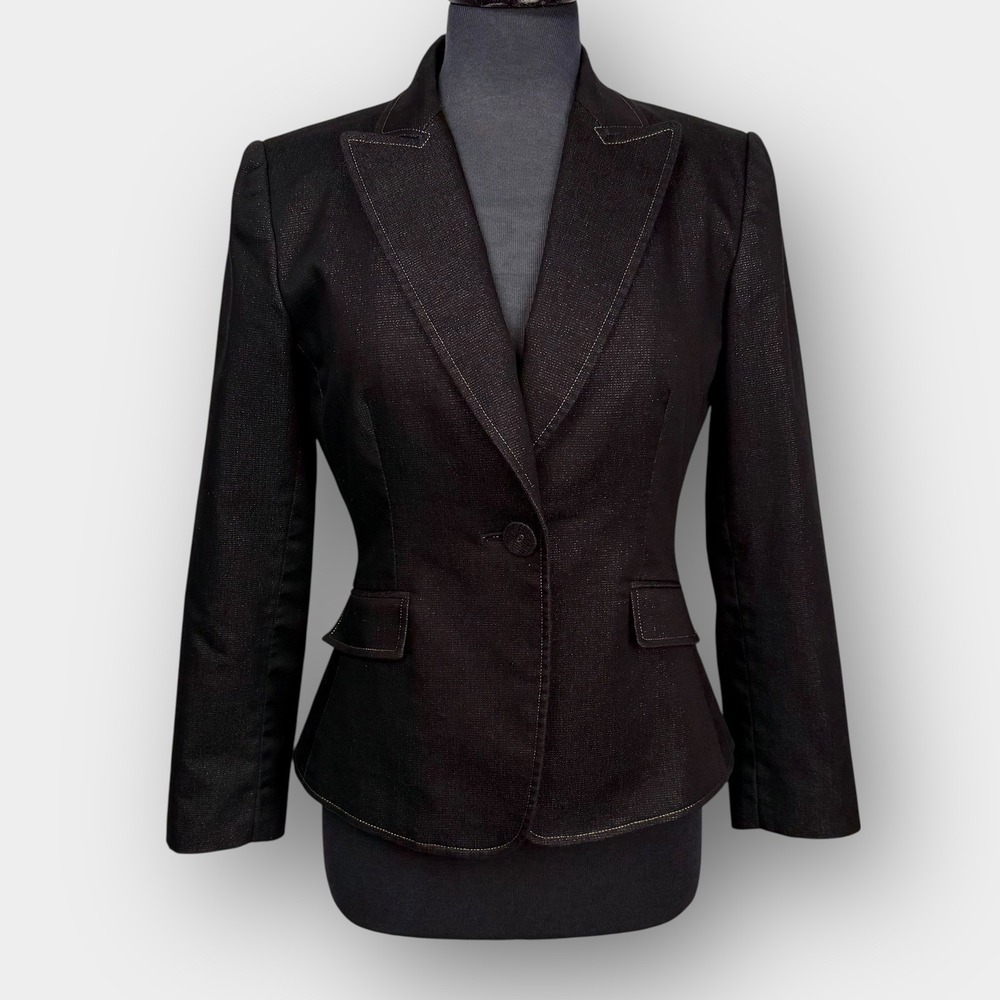 Tahari Women's Petite Metallic‎ Sparkle Blazer 4P Black One Button